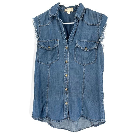 cloth & stone Tops - Cloth & Stone Chambray Denim Distressed Cutoff Button Up Vest